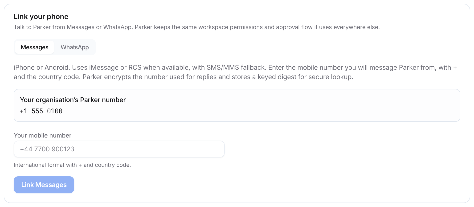 Link your phone card with Messages and WhatsApp tabs, the organization's Parker number, a mobile number field, and Link Messages.