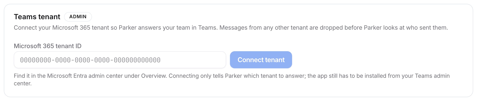 Teams tenant card, marked Admin, with the Microsoft 365 tenant ID field and the Connect tenant button.