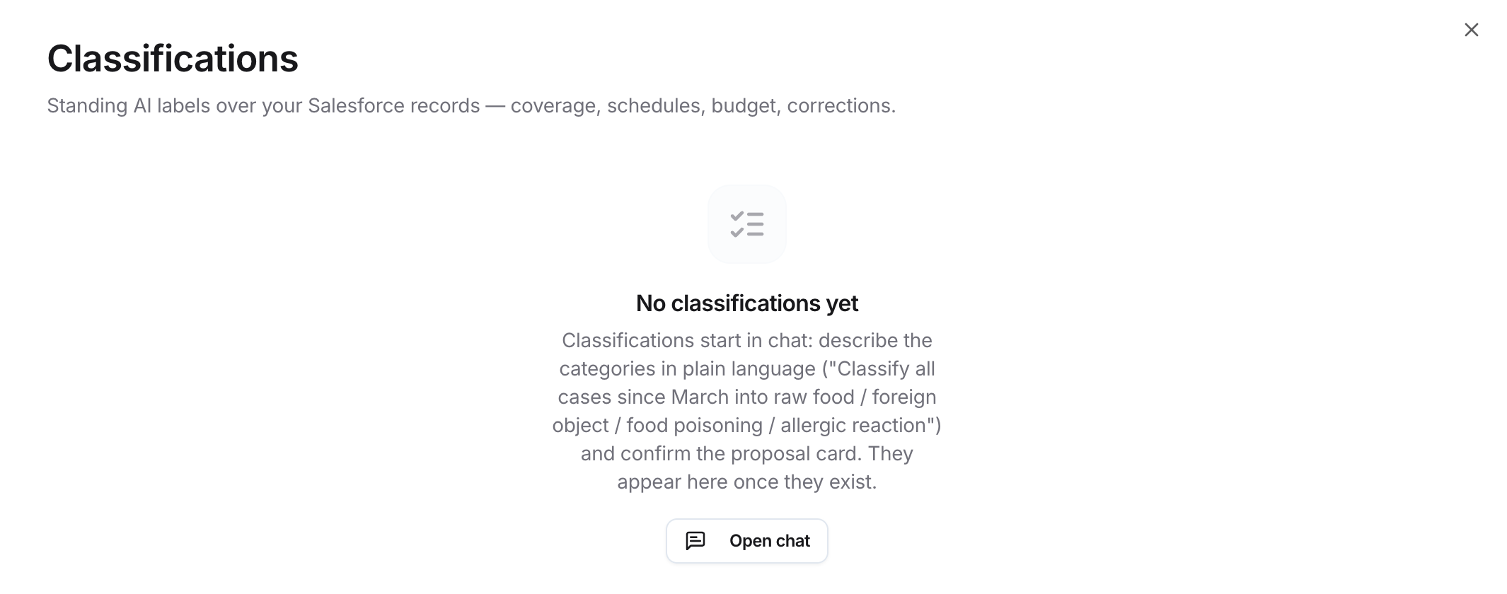 Classifications page showing No classifications yet, an explanation that classifications start in chat, and an Open chat button.
