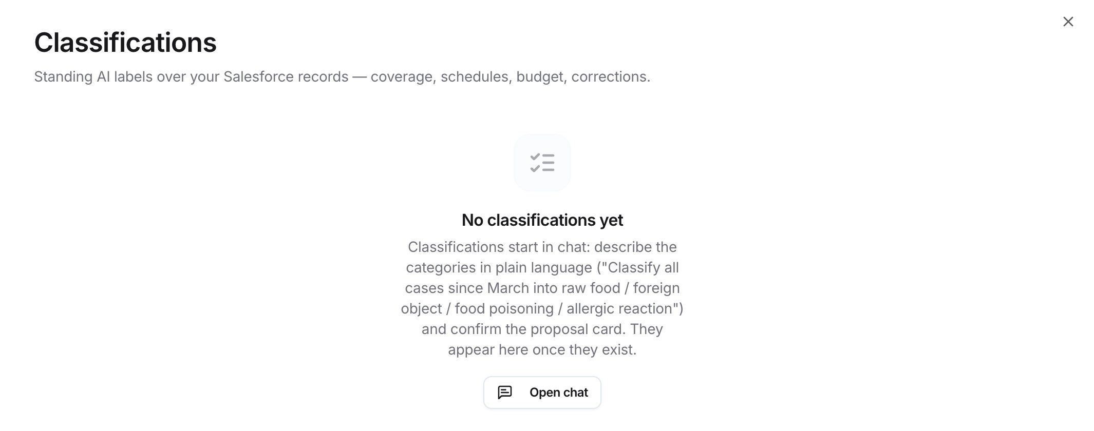 Classifications page showing No classifications yet, an explanation that classifications start in chat, and an Open chat button.