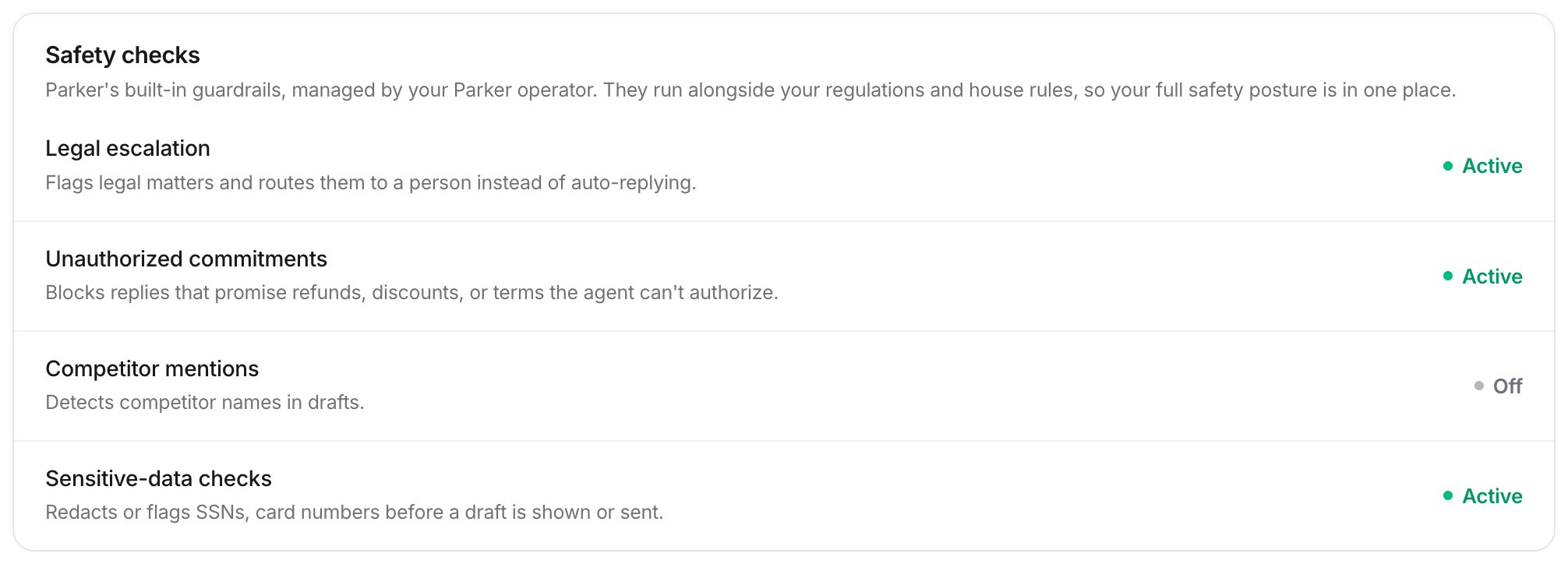 Safety checks card with Legal escalation, Unauthorized commitments, and Sensitive-data checks Active, and Competitor mentions Off.