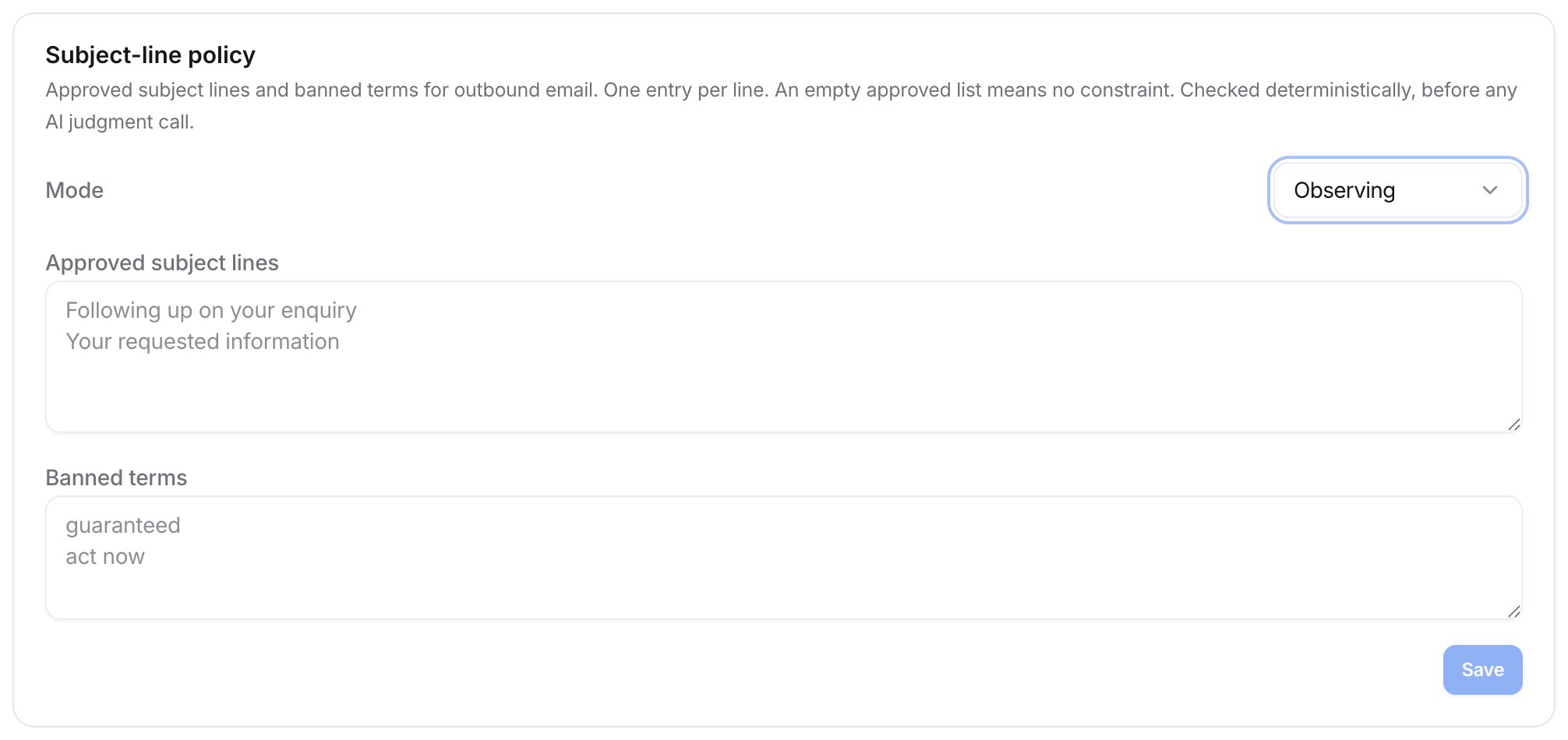 Subject-line policy card with Mode set to Observing, and empty Approved subject lines and Banned terms fields.