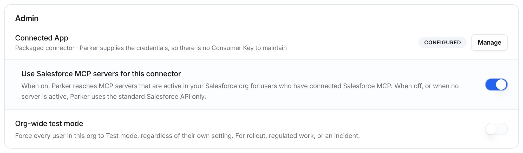 Admin card with the Connected App row marked Configured, the Salesforce MCP servers switch, and the Org-wide test mode switch.