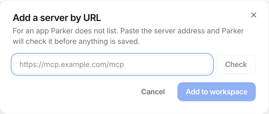 Add a server by URL dialog with an address field, Check, Cancel, and Add to workspace.