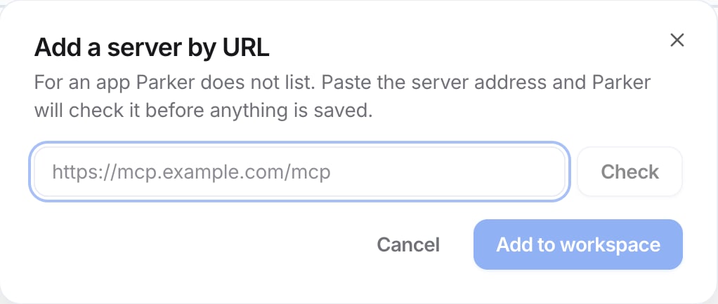 Add a server by URL dialog with an address field, Check, Cancel, and Add to workspace.