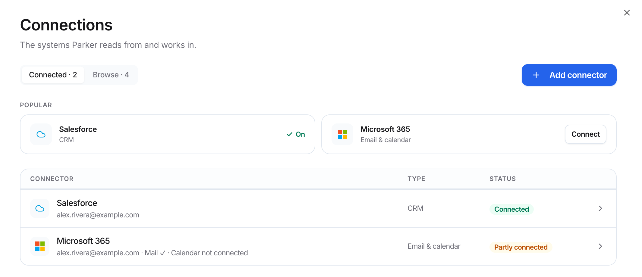 Connections page with Salesforce Connected and Microsoft 365 Partly connected, with Mail connected and Calendar not connected.