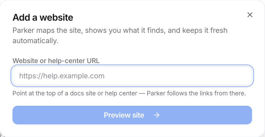 Add a website dialog with the Website or help-center URL field and the Preview site button.