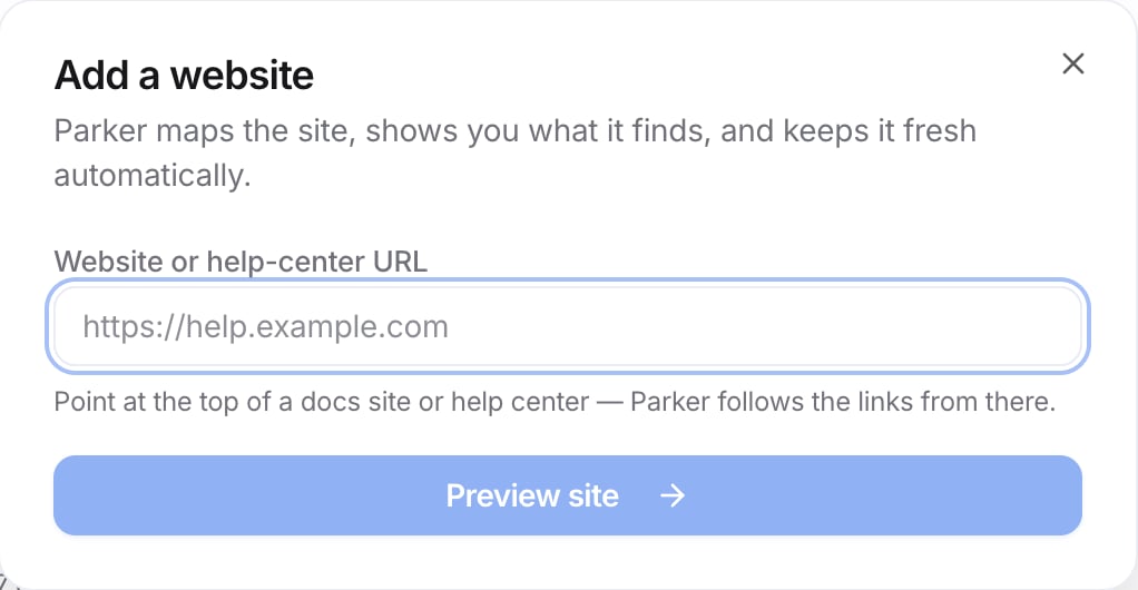 Add a website dialog with the Website or help-center URL field and the Preview site button.
