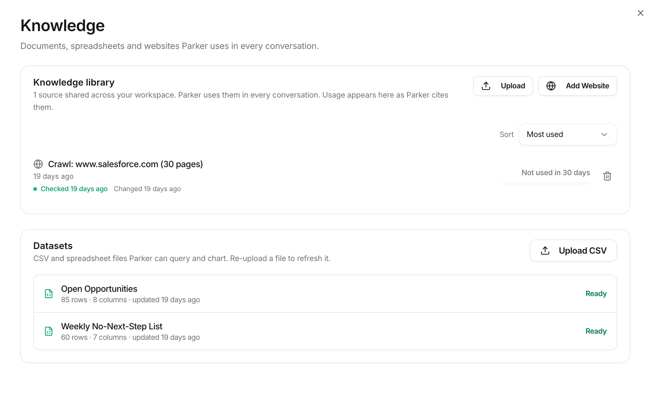 Knowledge page with the Knowledge library card listing one website source, and the Datasets card listing two Ready datasets.