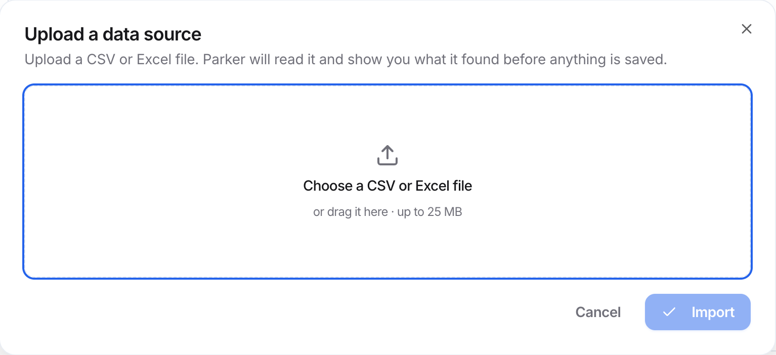 Upload a data source dialog with a file drop area, Cancel, and Import.