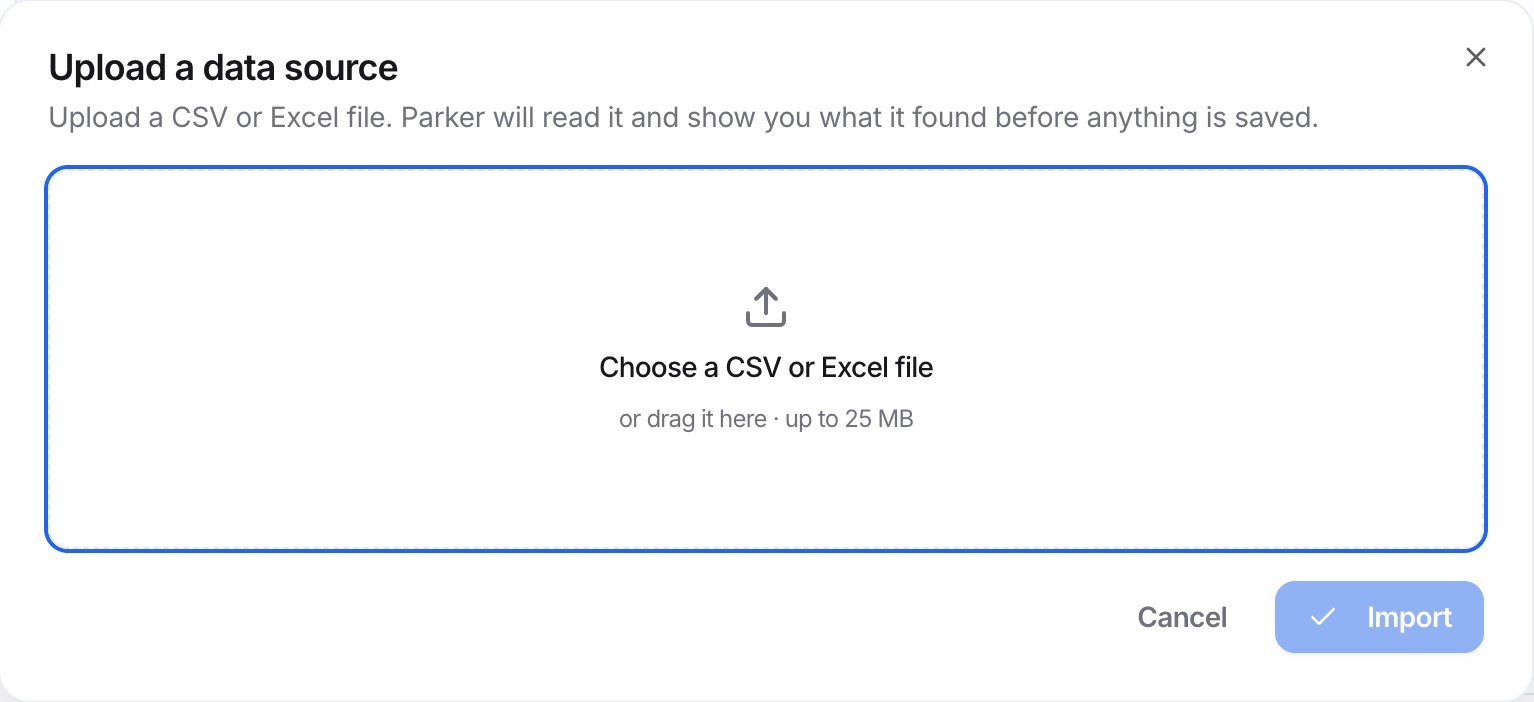 Upload a data source dialog with a file drop area, Cancel, and Import.