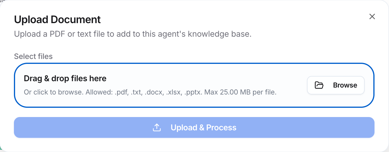 Upload Document dialog with a drop area, Browse, the allowed file types, and Upload & Process.