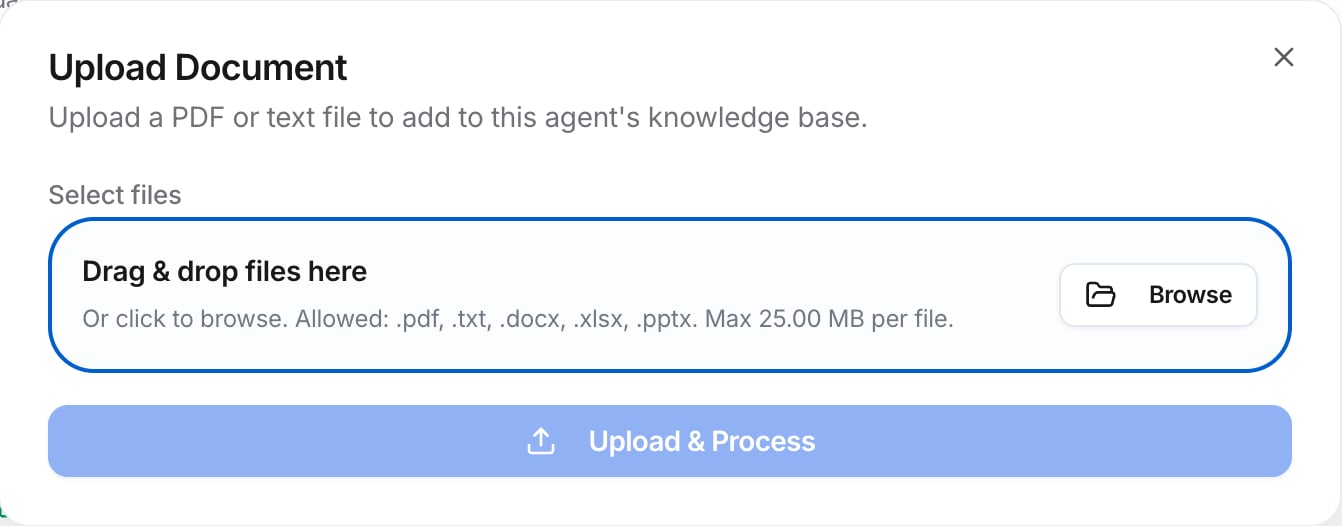 Upload Document dialog with a drop area, Browse, the allowed file types, and Upload & Process.