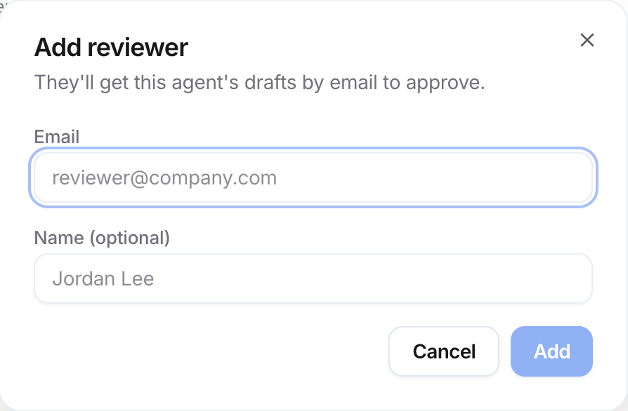 Add reviewer dialog with Email and Name (optional) fields, Cancel, and Add.
