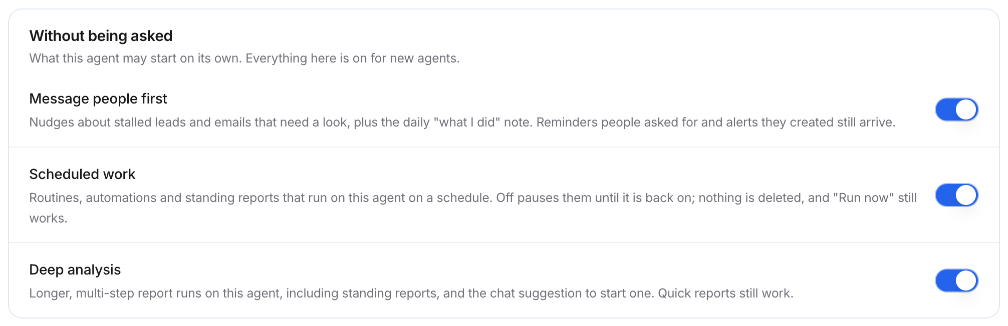 Without being asked group with Message people first, Scheduled work, and Deep analysis switches, all turned on.
