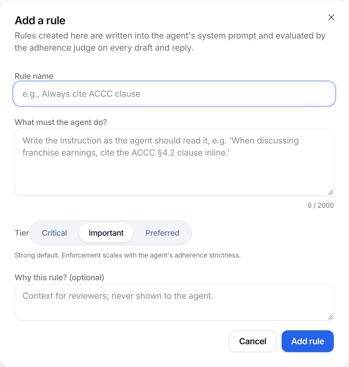 Add a rule dialog with Rule name, What must the agent do, Tier set to Important, Why this rule, Cancel, and Add rule.