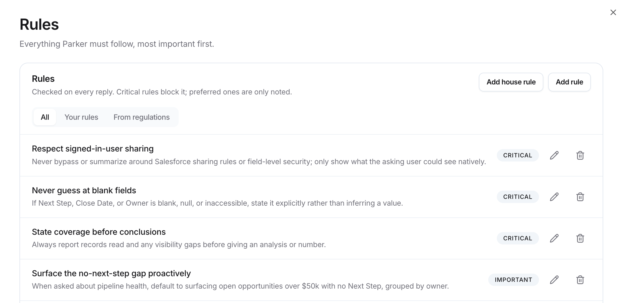 Rules page with Add house rule and Add rule, the All, Your rules, and From regulations filters, and rules tagged Critical or Important.