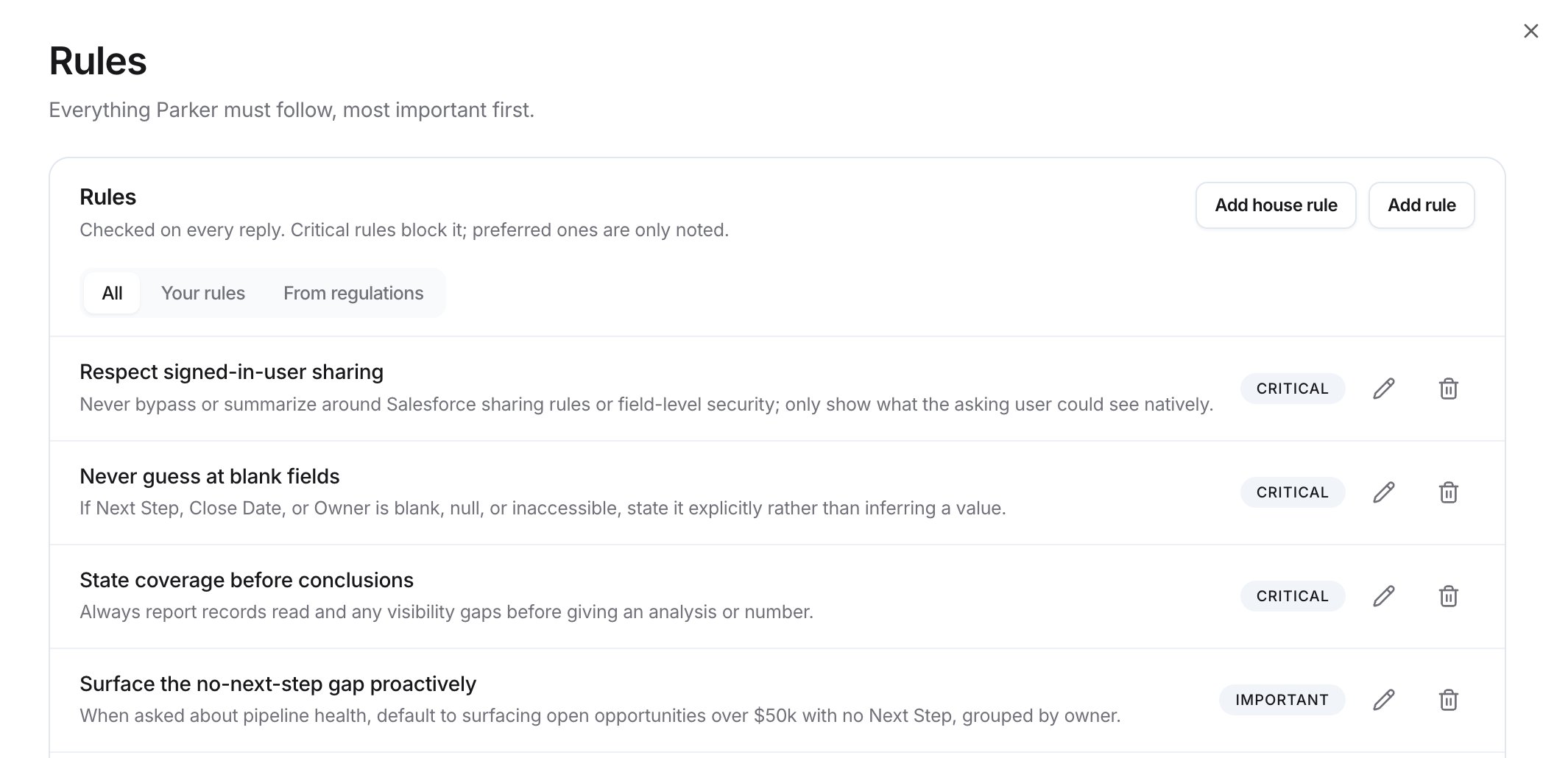 Rules page with Add house rule and Add rule, the All, Your rules, and From regulations filters, and rules tagged Critical or Important.