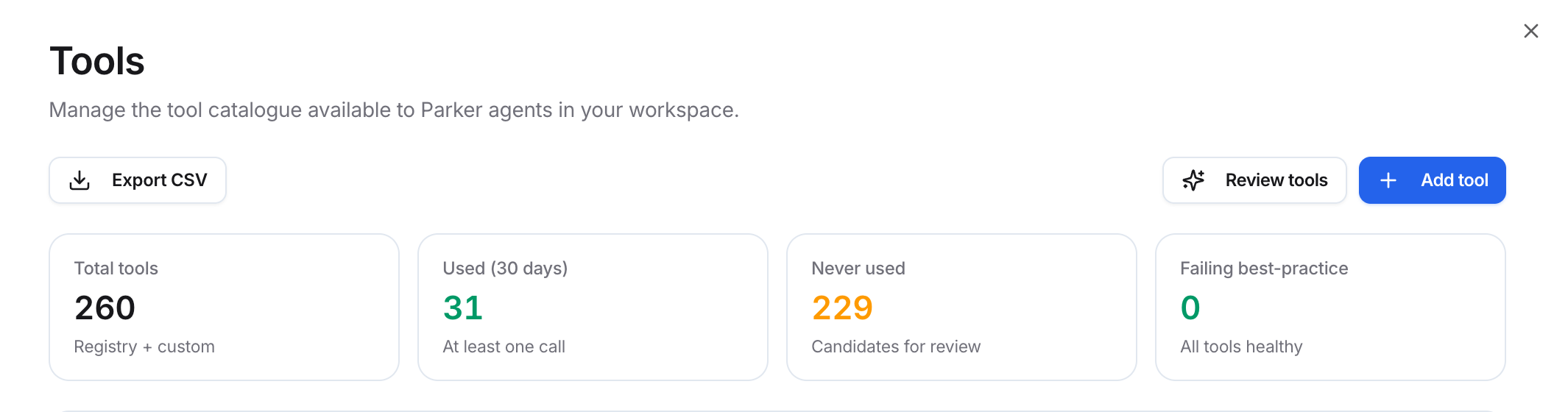 Tools page with Export CSV, Review tools, and Add tool, and tiles for Total tools, Used (30 days), Never used, and Failing best-practice.