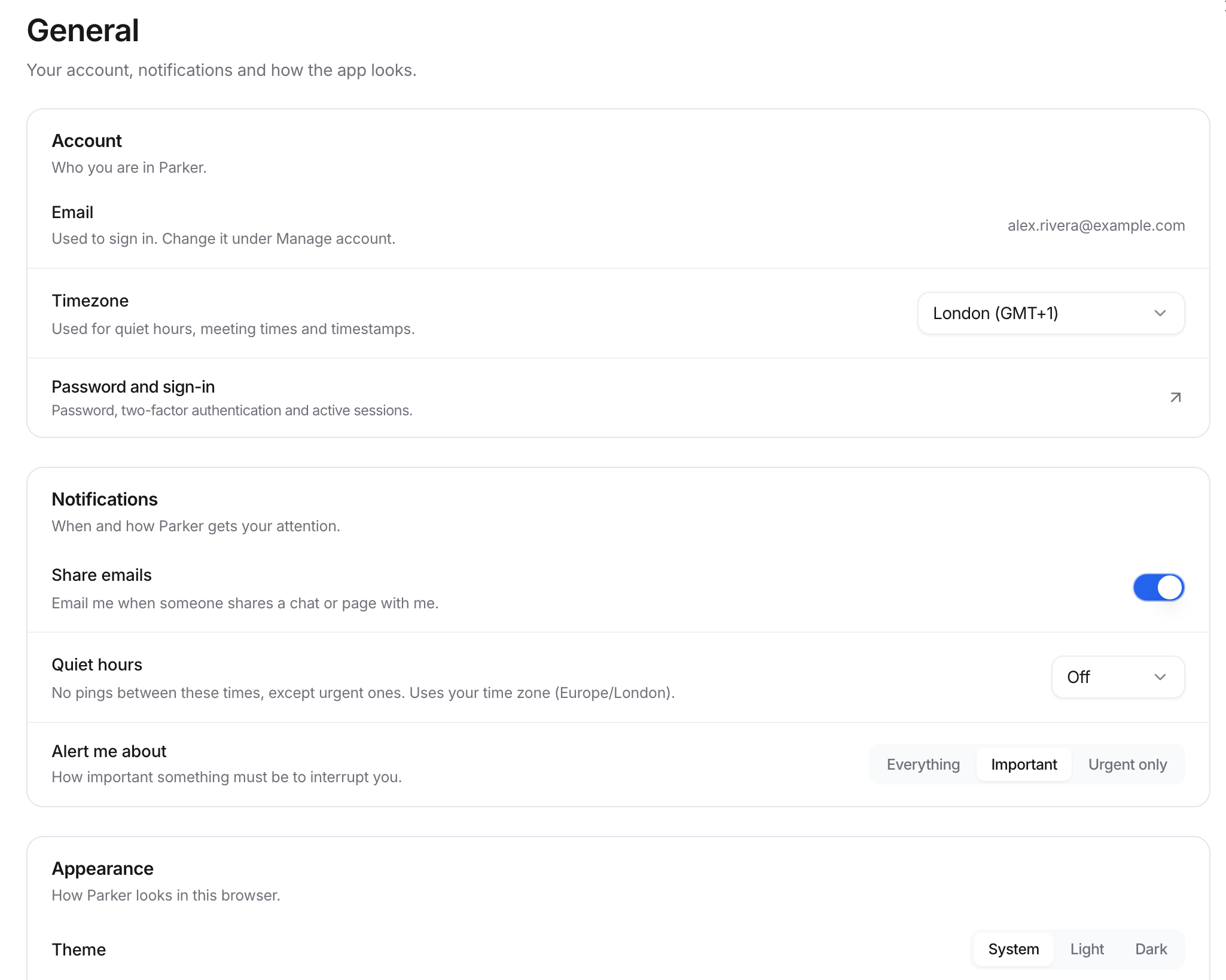 General settings with Account (Email, Timezone, Password and sign-in), Notifications (Share emails, Quiet hours, Alert me about), and Appearance.