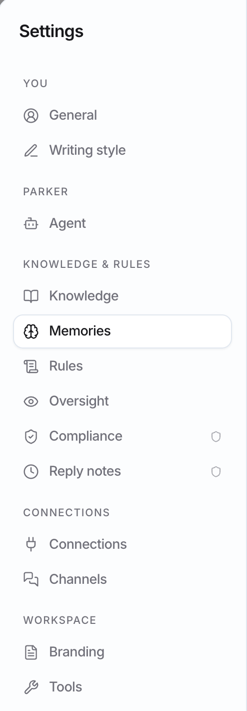 Settings section list grouped under You, Parker, Knowledge and rules, Connections, and Workspace, with shield icons next to Compliance and Reply notes.