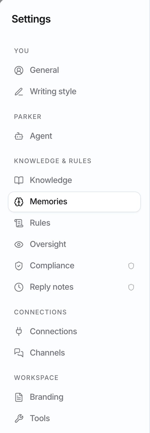 Settings section list grouped under You, Parker, Knowledge and rules, Connections, and Workspace, with shield icons next to Compliance and Reply notes.