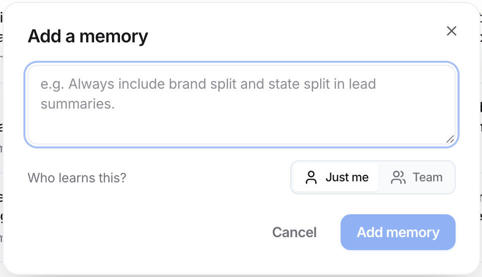 Add a memory dialog with a text box, a Who learns this? choice of Just me or Team, and Cancel and Add memory buttons.