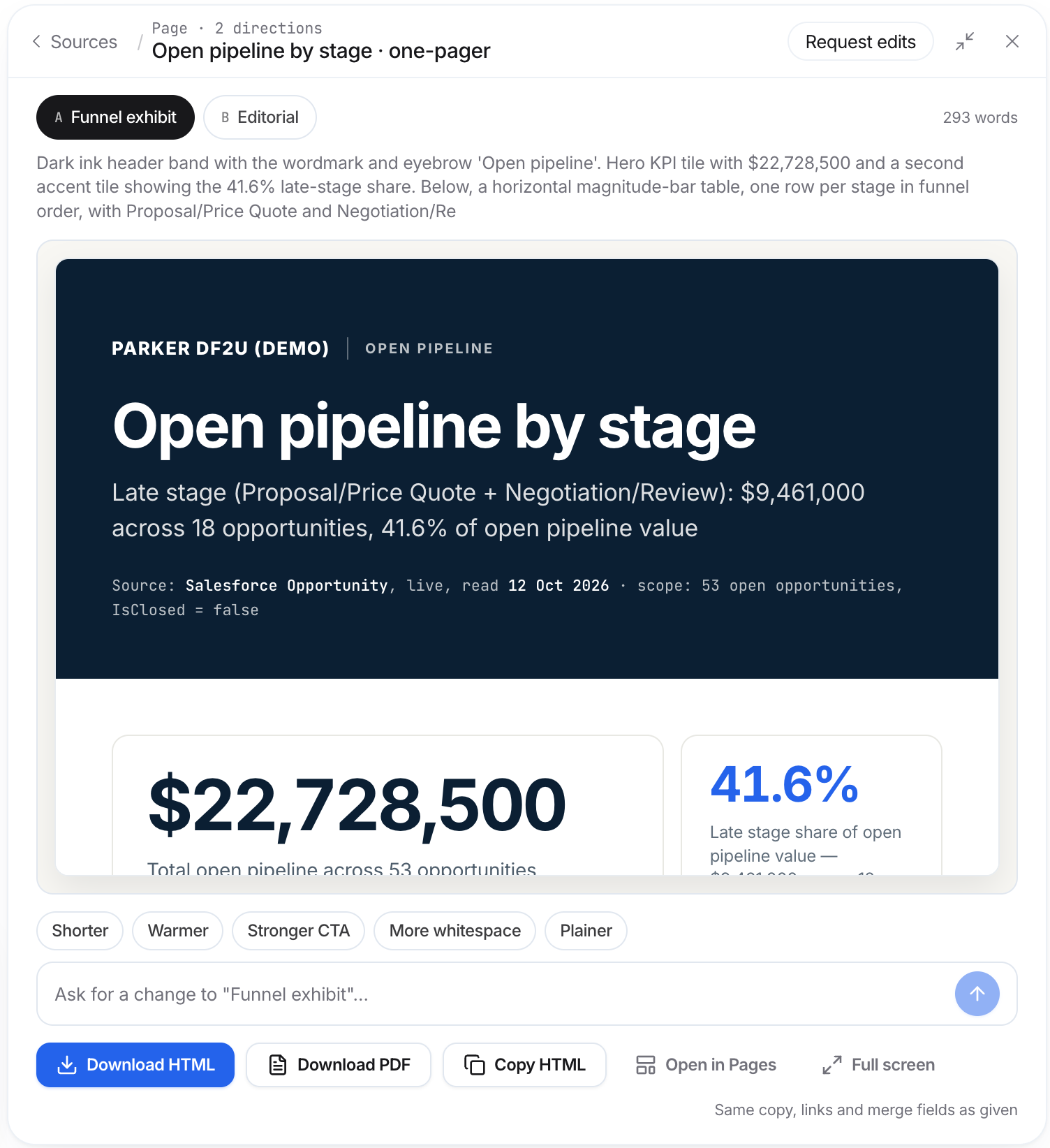 Design canvas beside the chat with direction tabs, quick changes such as Shorter and Warmer, and Download HTML, Download PDF, Copy HTML, Open in Pages, and Full screen.