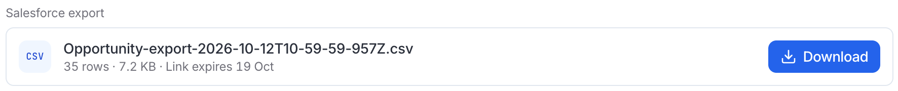 Salesforce export card for a CSV file showing 35 rows, 7.2 KB, Link expires 19 Oct, and a Download button.