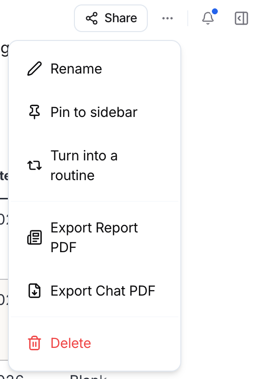 More actions menu under the chat header with Rename, Pin to sidebar, Turn into a routine, Export Report PDF, Export Chat PDF, and Delete.