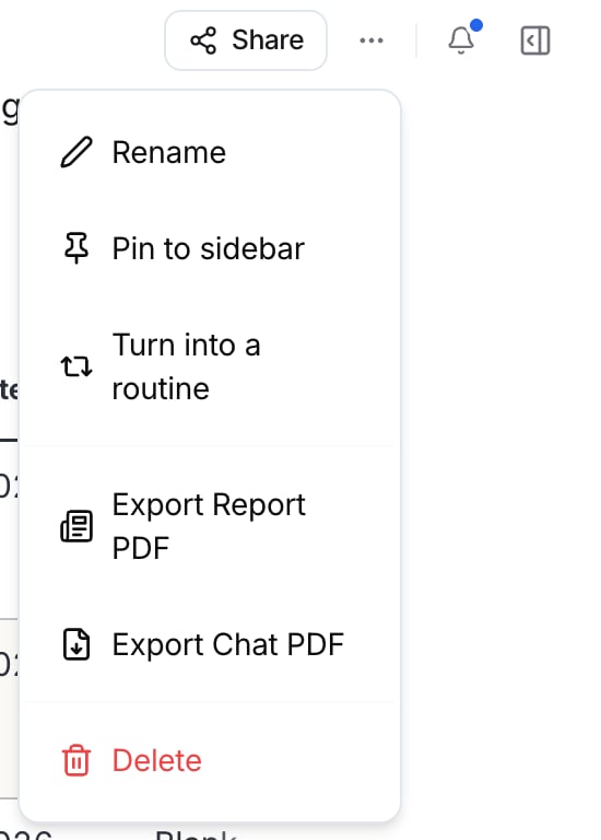 More actions menu under the chat header with Rename, Pin to sidebar, Turn into a routine, Export Report PDF, Export Chat PDF, and Delete.