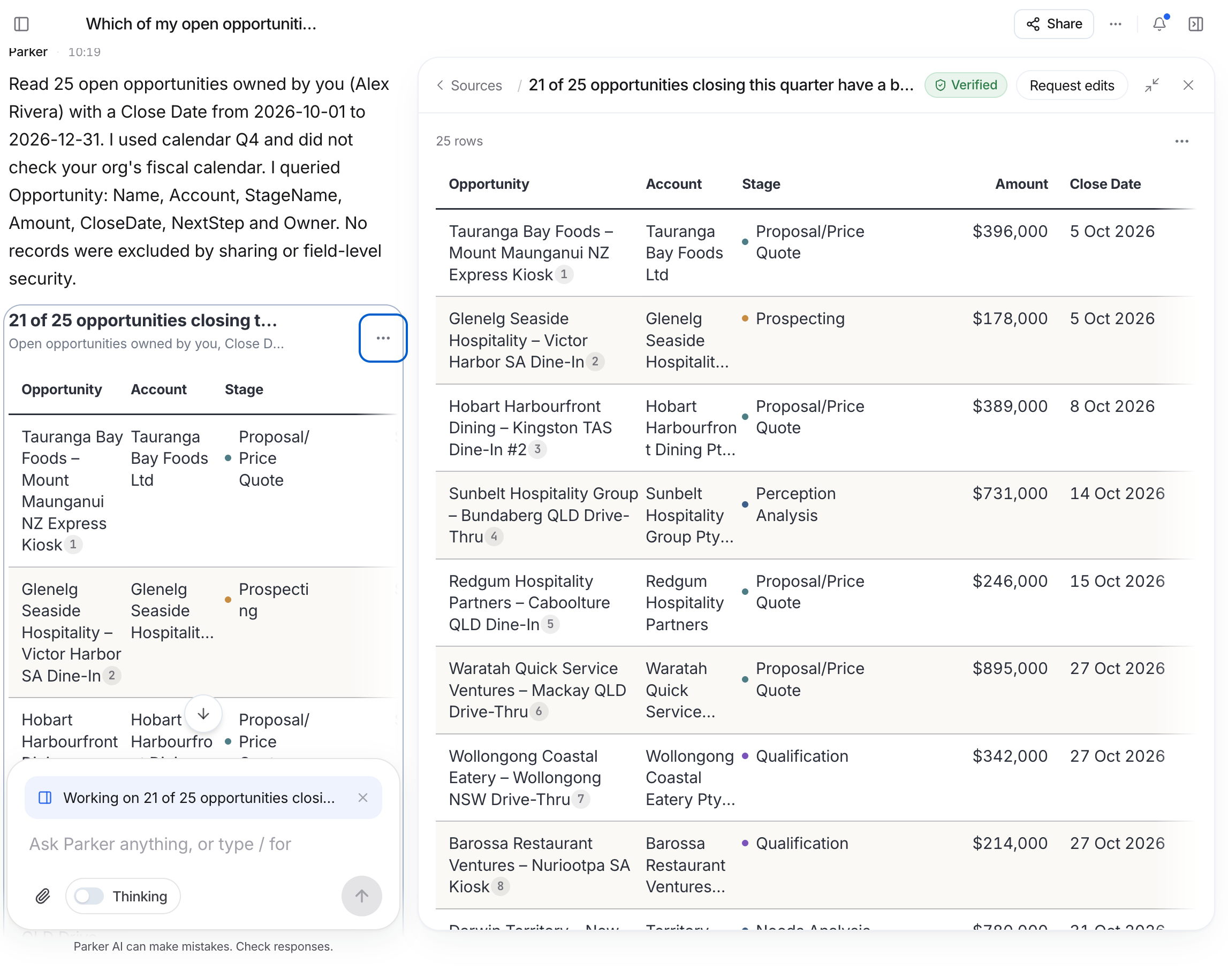 Chat on the left with a table answer; on the right, the Work panel showing the full table with Sources, Verified, Request edits, and close buttons.