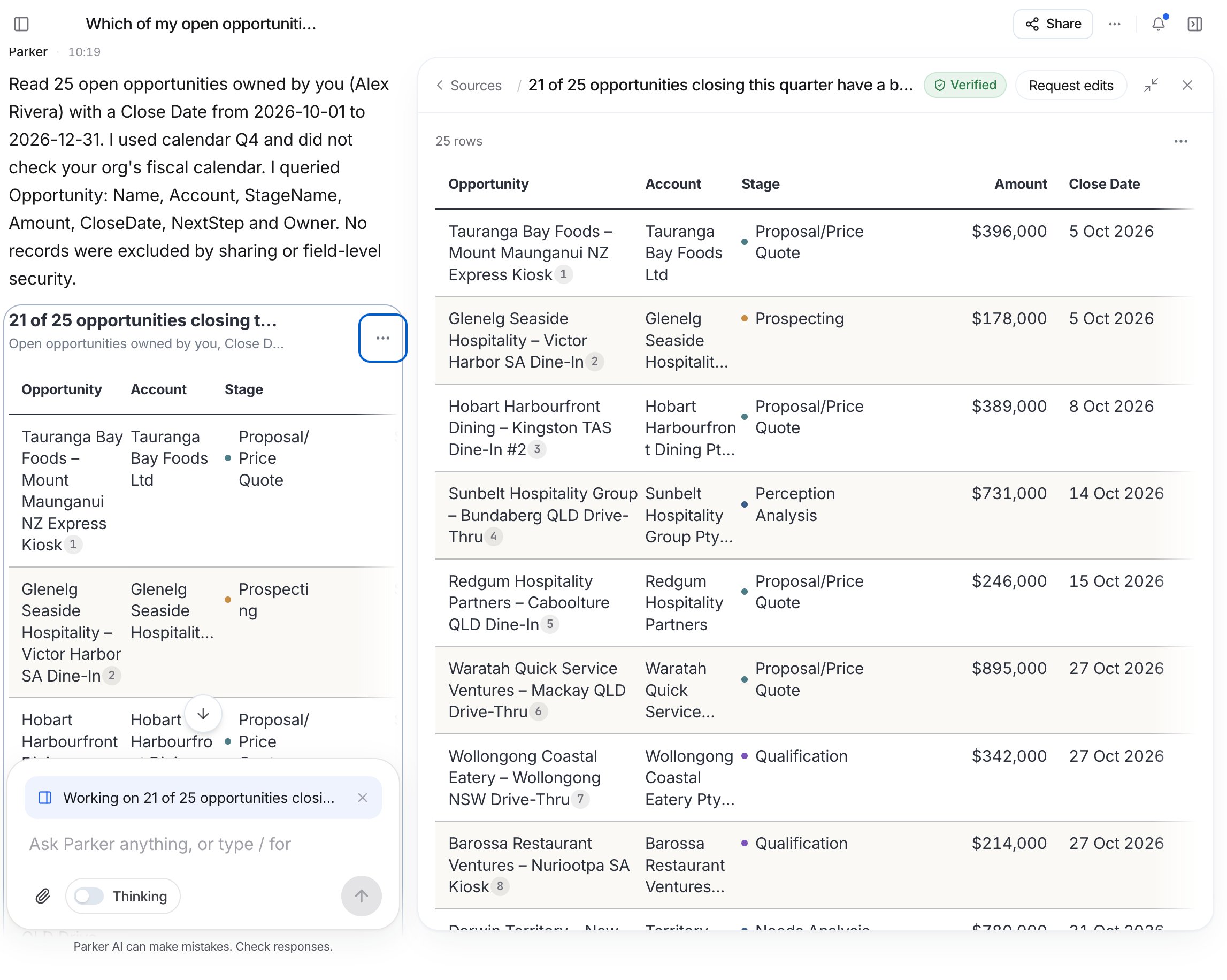 Chat on the left with a table answer; on the right, the Work panel showing the full table with Sources, Verified, Request edits, and close buttons.