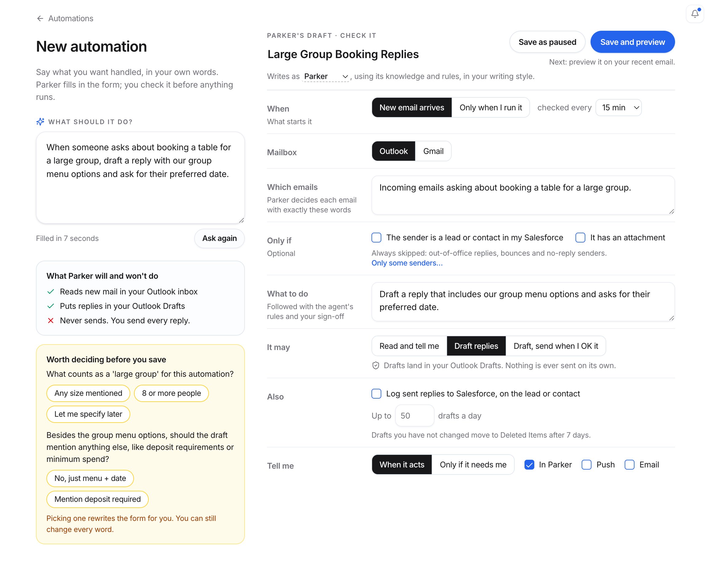 New automation page with a description, What Parker will and won't do, questions worth deciding, and the filled-in form.