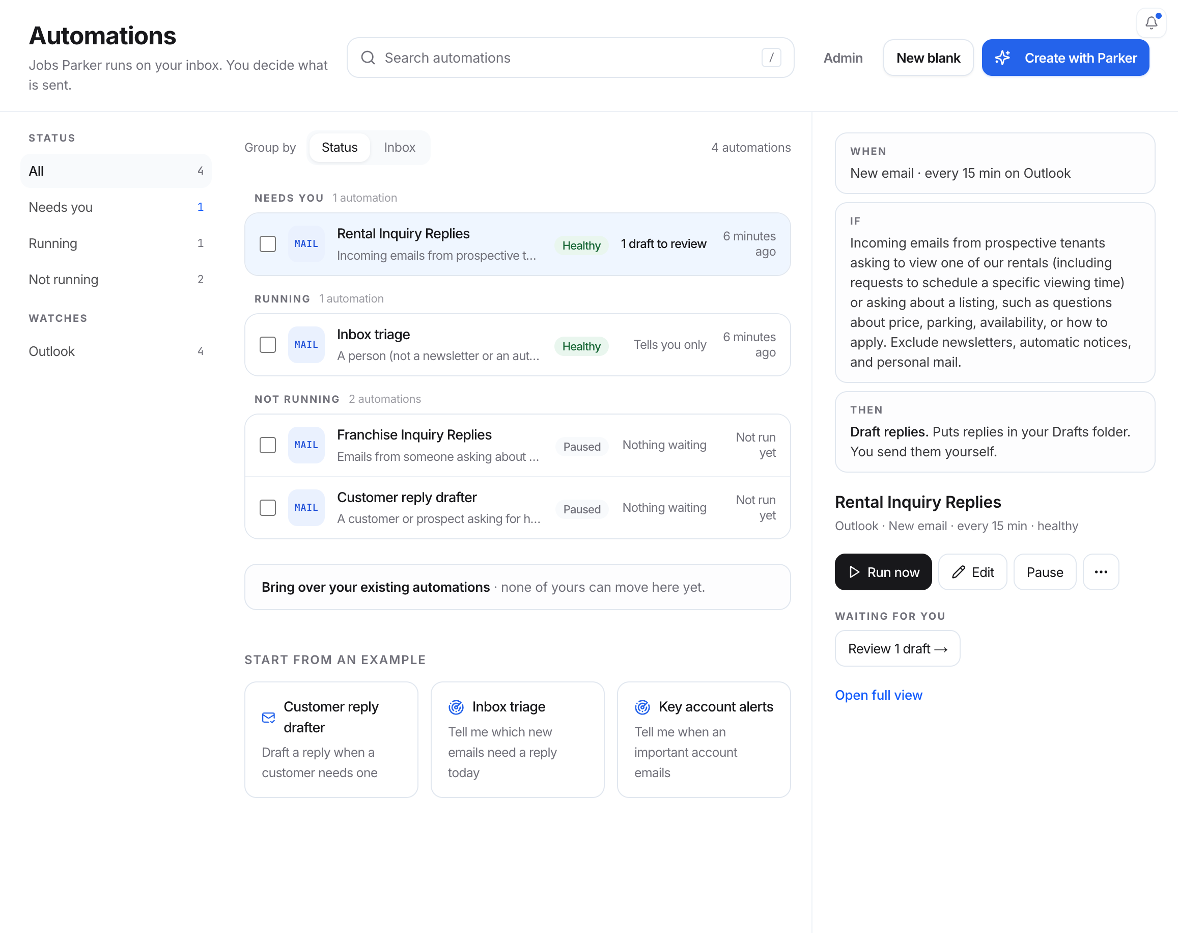 Automations page listing four automations under Needs you, Running, and Not running, with examples and a preview panel showing When, If, and Then.