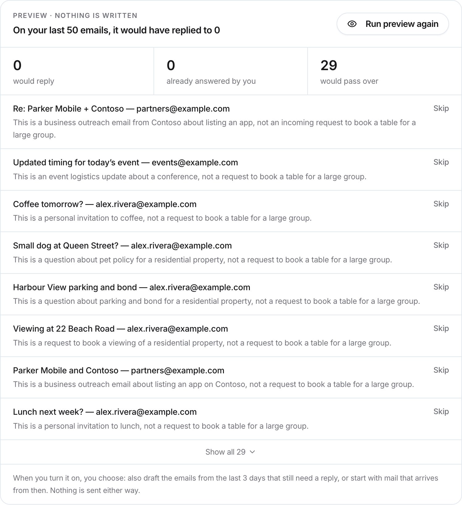 Preview of a new automation on the last 50 emails: 0 would reply, 0 already answered, 29 would pass over, each with a reason.