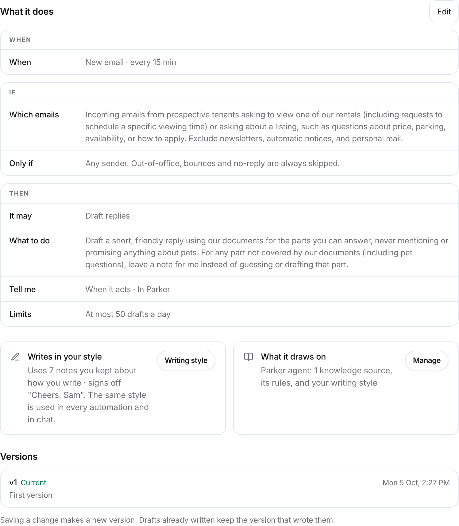 Setup tab listing When, Which emails, Only if, It may, What to do, Tell me, and Limits, with writing style, knowledge, and versions.