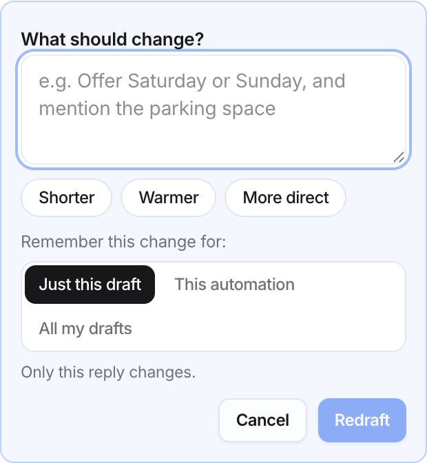 Revise box with What should change?, quick changes Shorter, Warmer, and More direct, and Remember this change for options.