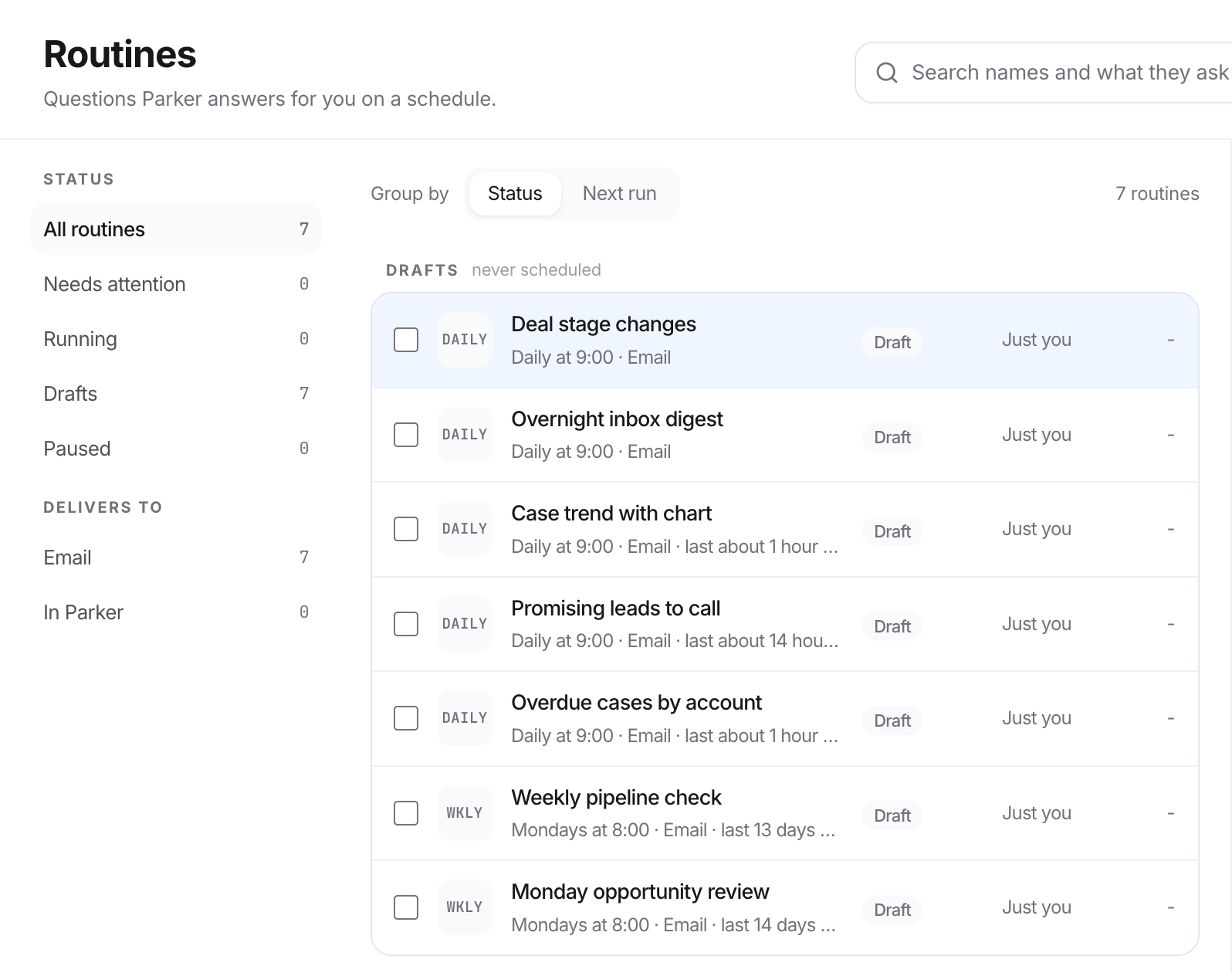 Routines page with seven draft routines, filters for status and delivery, and a panel showing the selected routine's schedule and prompt.