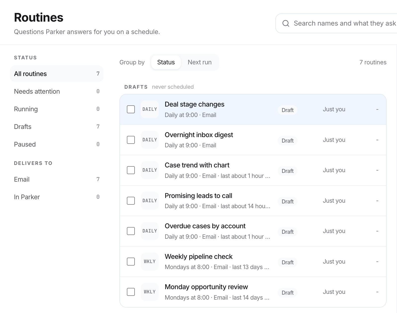 Routines page with seven draft routines, filters for status and delivery, and a panel showing the selected routine's schedule and prompt.