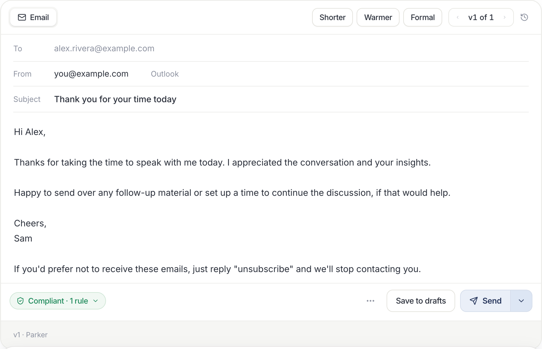 Email draft card with To, From, Subject, and message, Shorter, Warmer, and Formal buttons, a Compliant badge, and Save to drafts and Send.