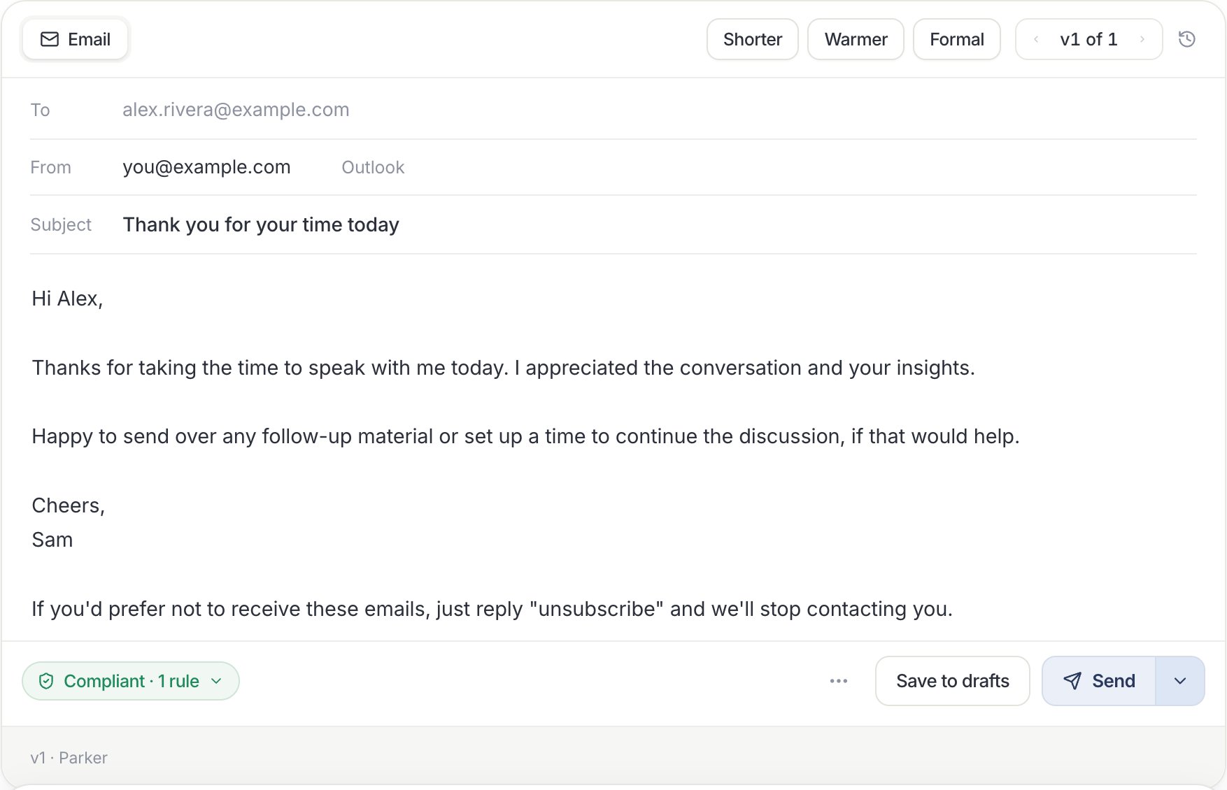 Email draft card with To, From, Subject, and message, Shorter, Warmer, and Formal buttons, a Compliant badge, and Save to drafts and Send.