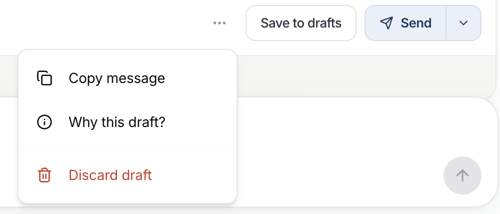 More actions menu on an email draft with Copy message, Why this draft?, and Discard draft.