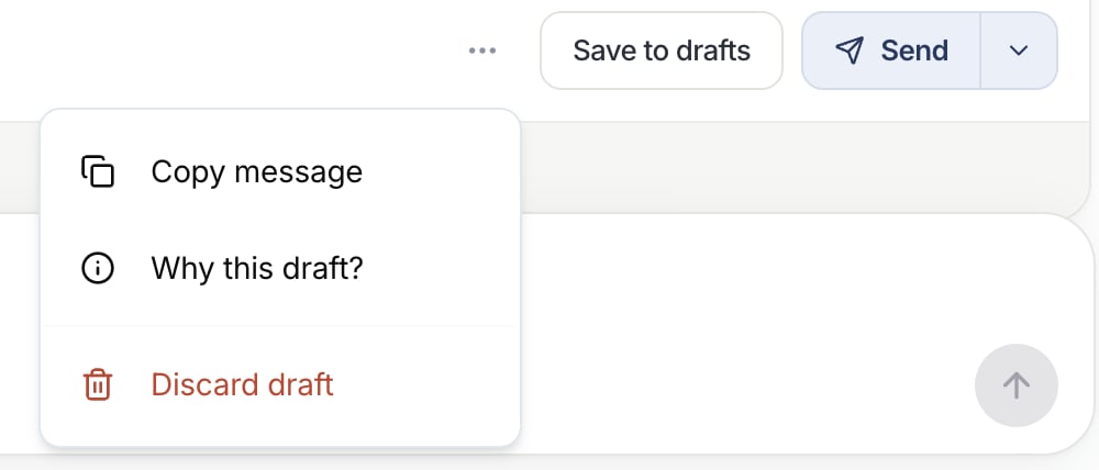 More actions menu on an email draft with Copy message, Why this draft?, and Discard draft.