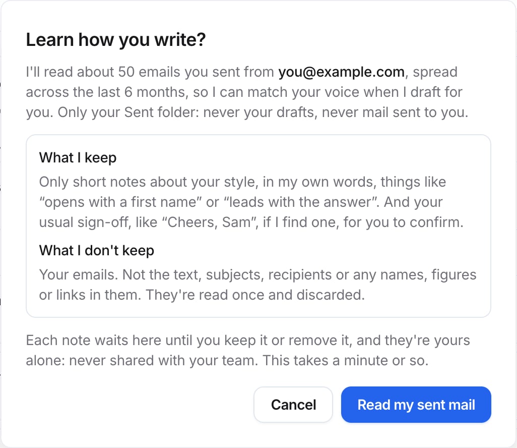 Learn how you write? dialog listing what Parker keeps and doesn't keep, with Cancel and Read my sent mail buttons.