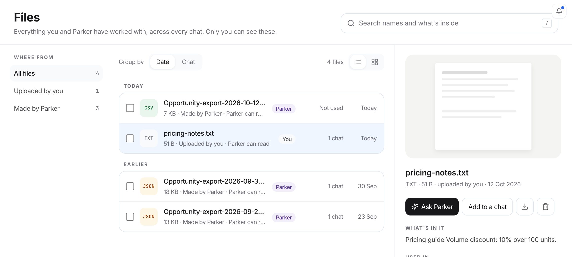 Files list with four files grouped by date, filters for where files came from, and a panel with Ask Parker, Add to a chat, download, and delete.