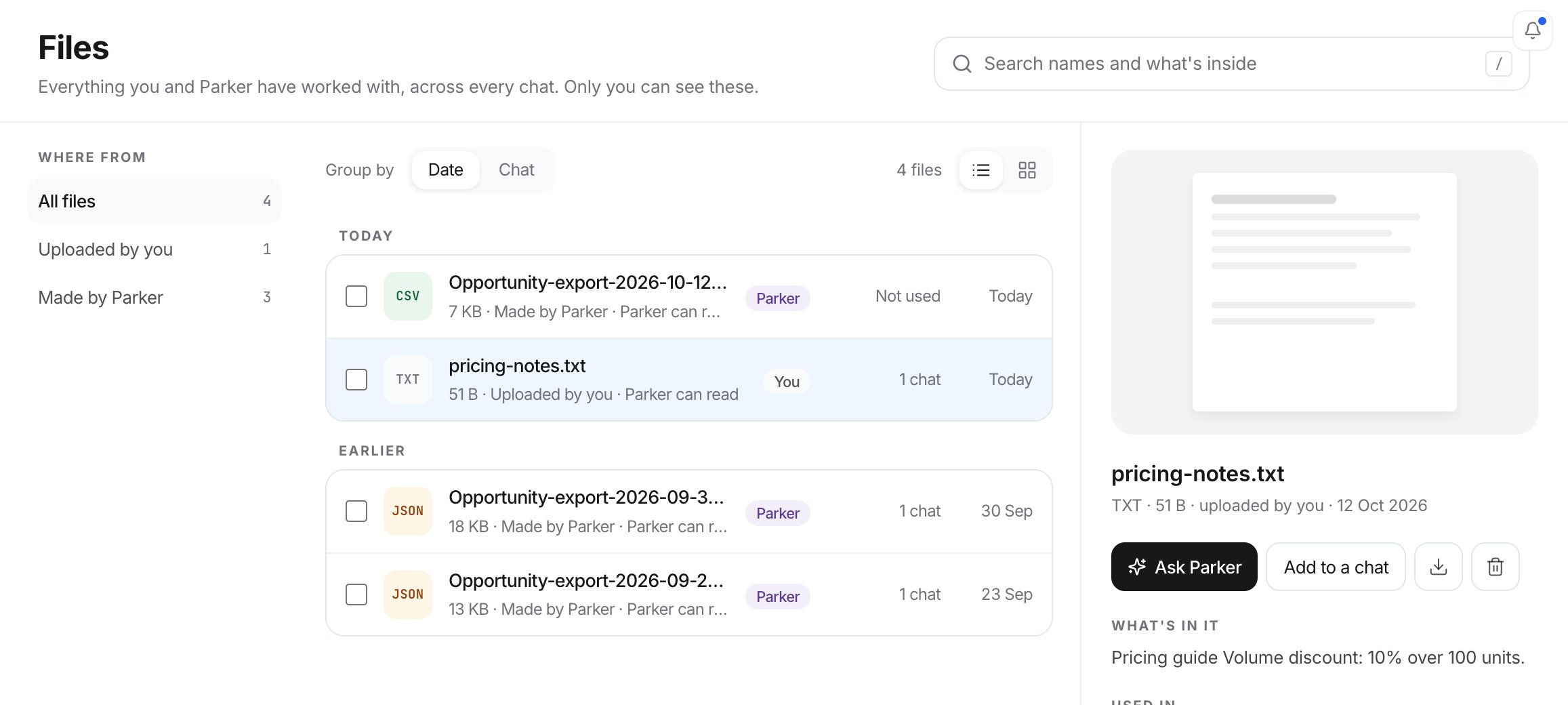 Files list with four files grouped by date, filters for where files came from, and a panel with Ask Parker, Add to a chat, download, and delete.
