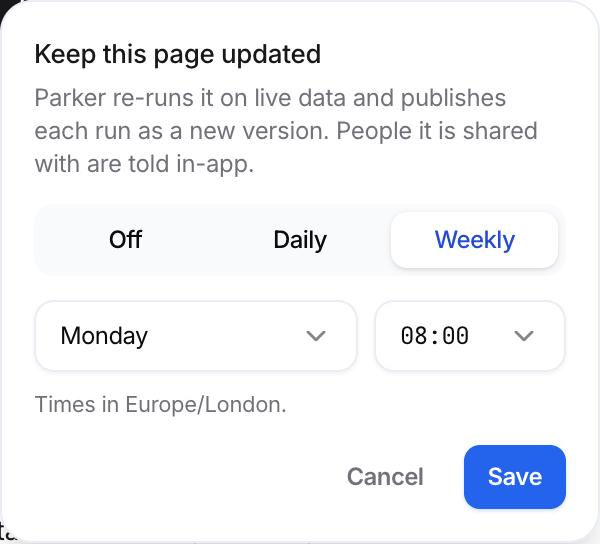 Keep this page updated dialog with Off, Daily, and Weekly, a day and time, and Cancel and Save.