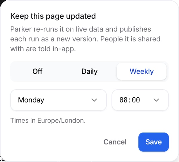 Keep this page updated dialog with Off, Daily, and Weekly, a day and time, and Cancel and Save.