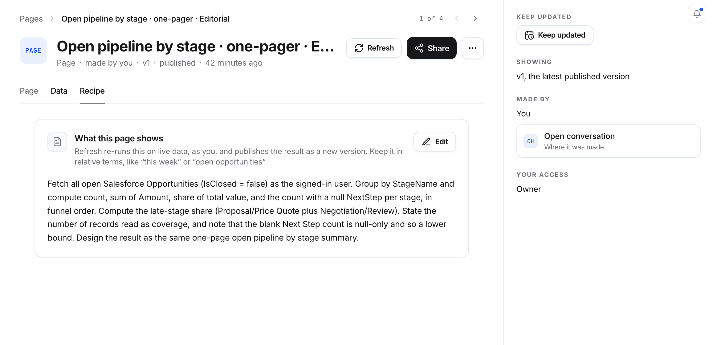 Open page titled Open pipeline by stage, with Refresh and Share, Page, Data, and Recipe tabs, and Keep updated in the side panel.